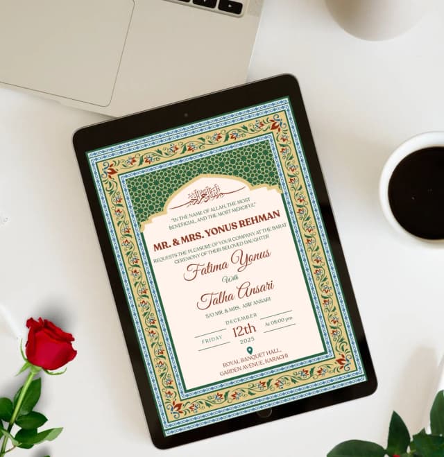 Green Islamic Traditional Barat Invitation Card | Elegant & Classic | Digital & Print-Ready